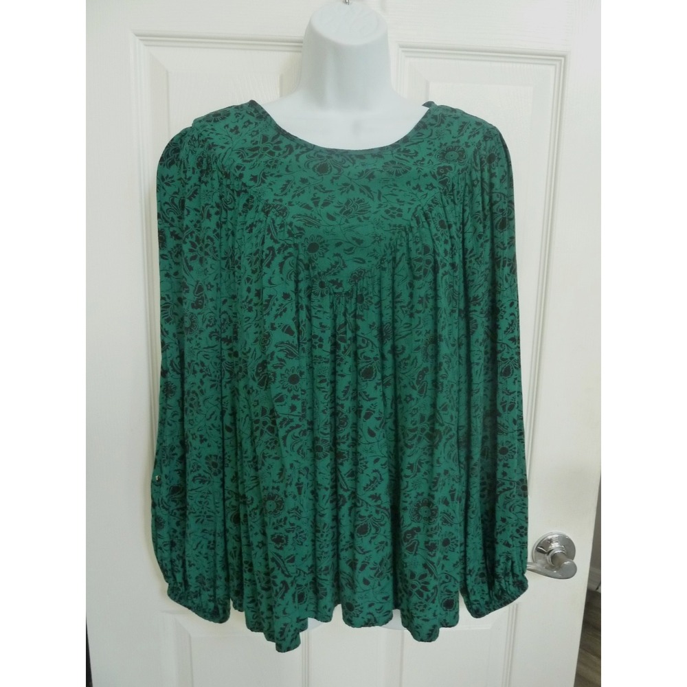 Knox Rose Green Black Floral Balloon Sleeve Boho Blouse Large 12/14
